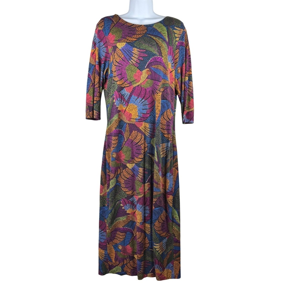 Farm Rio Dress Tropical Bird Flowers Macaws Midi Womens Large Multicolor Boho - Picture 2 of 16